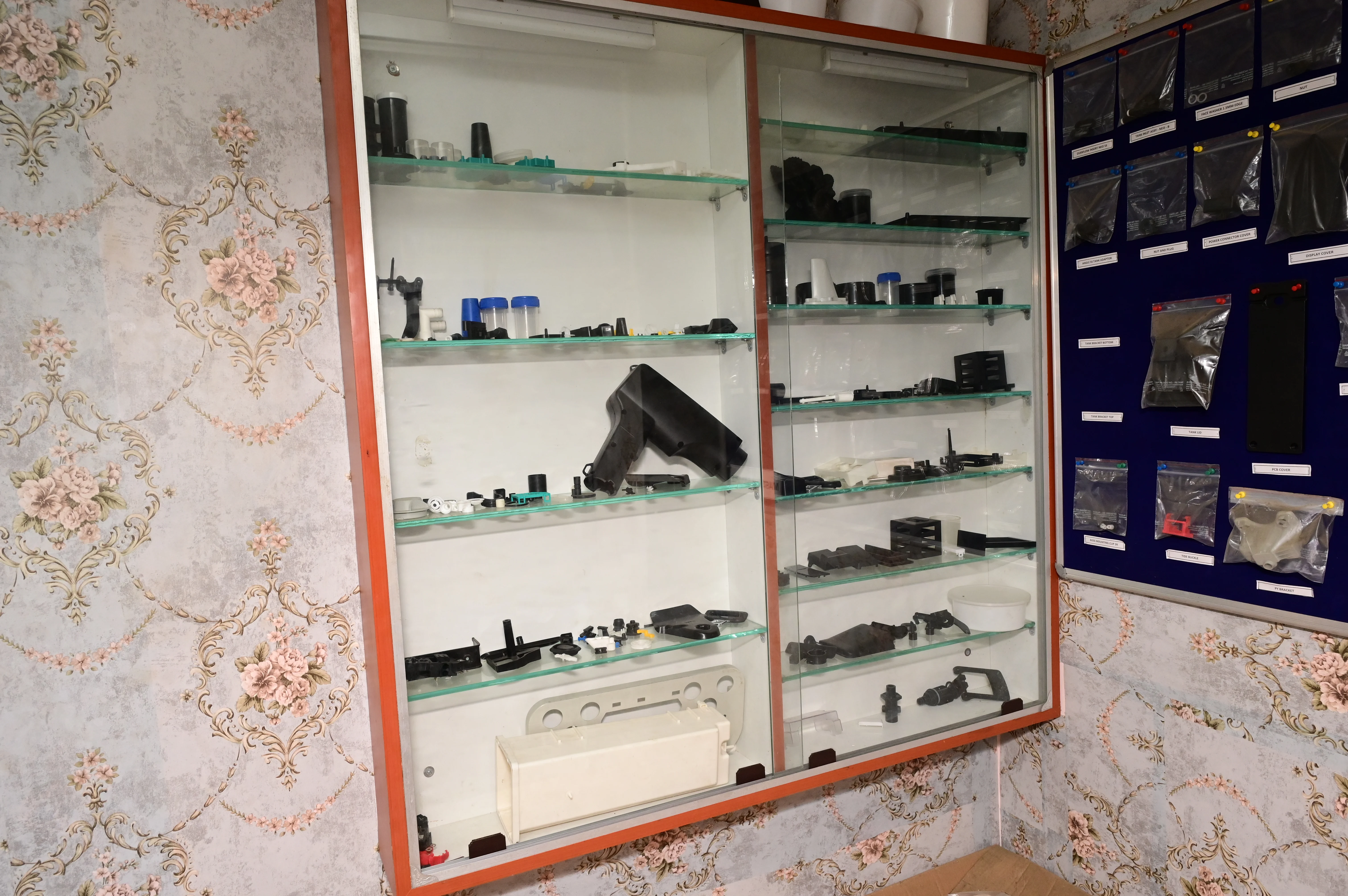 Manufactured parts display showcasing various components